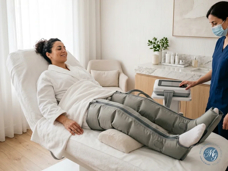 Paciente realizando una sesión de presoterapia en las piernas en clínica estética