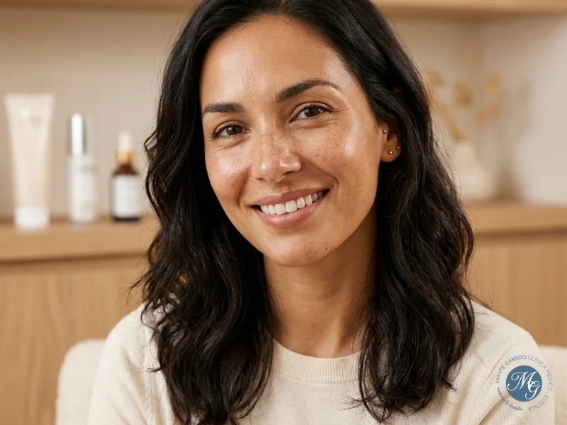 Rostro de mujer con pecas naturales y piel luminosa en clínica estética