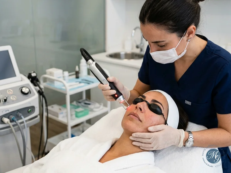 Aplicación de tratamiento de luz pulsada IPL en el rostro de una paciente para aclarar pecas y manchas